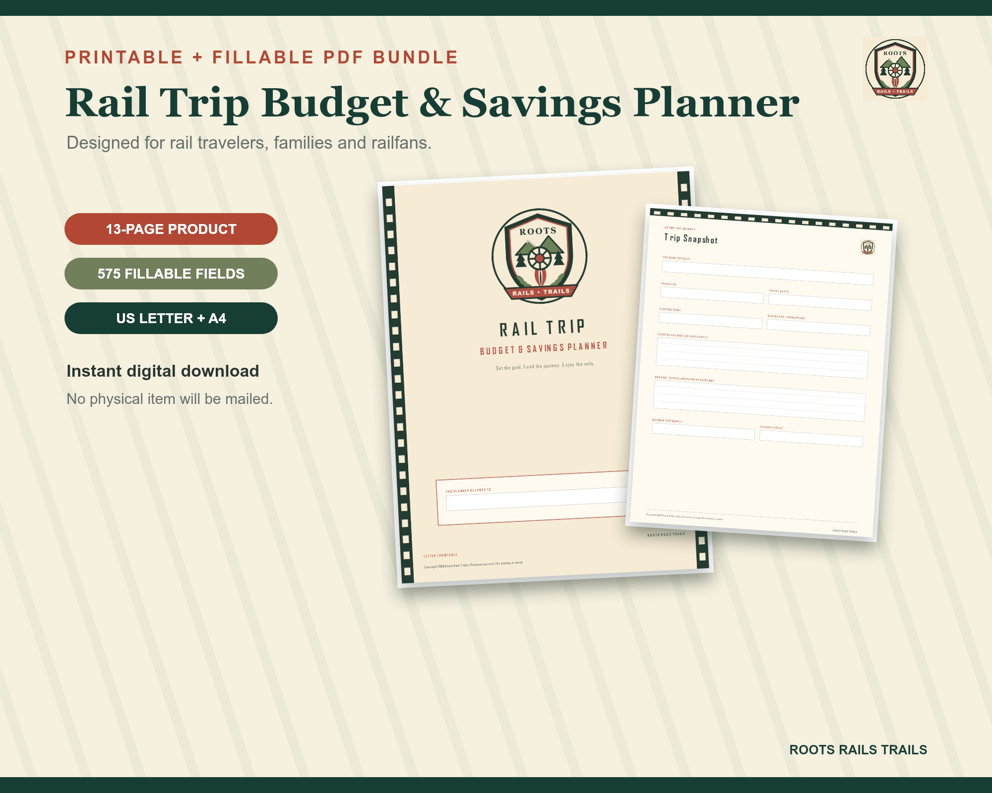 Rail Trip Budget and Savings Planner printable and fillable digital download
